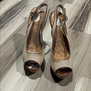 Sergio Zelcer Tan Woven Peep-Toe Wedges